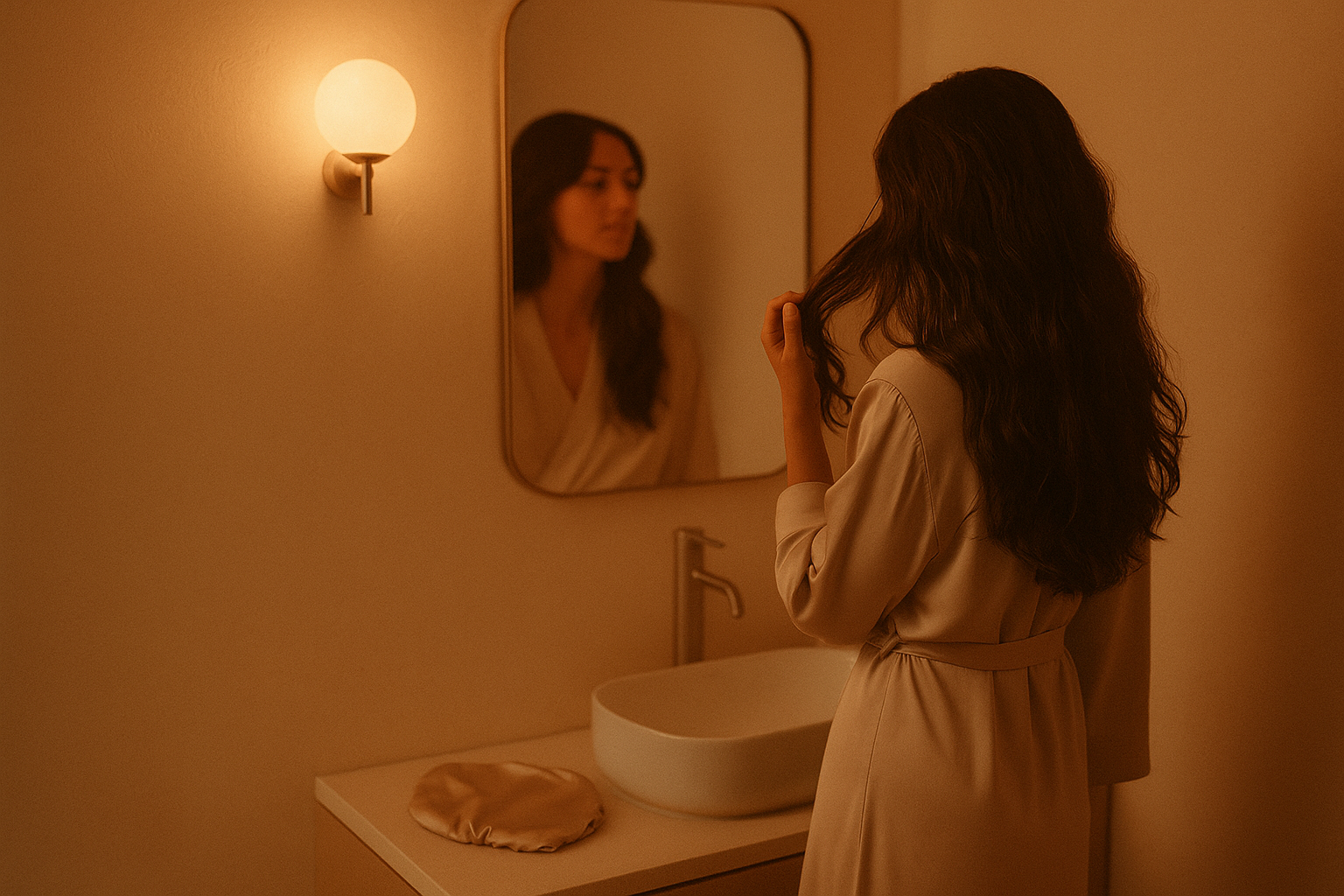 Avondrust in beeld: vrouw in zacht licht met los haar en een zijden bonnet binnen handbereik – het ritueel van vertragen met Empowherment
