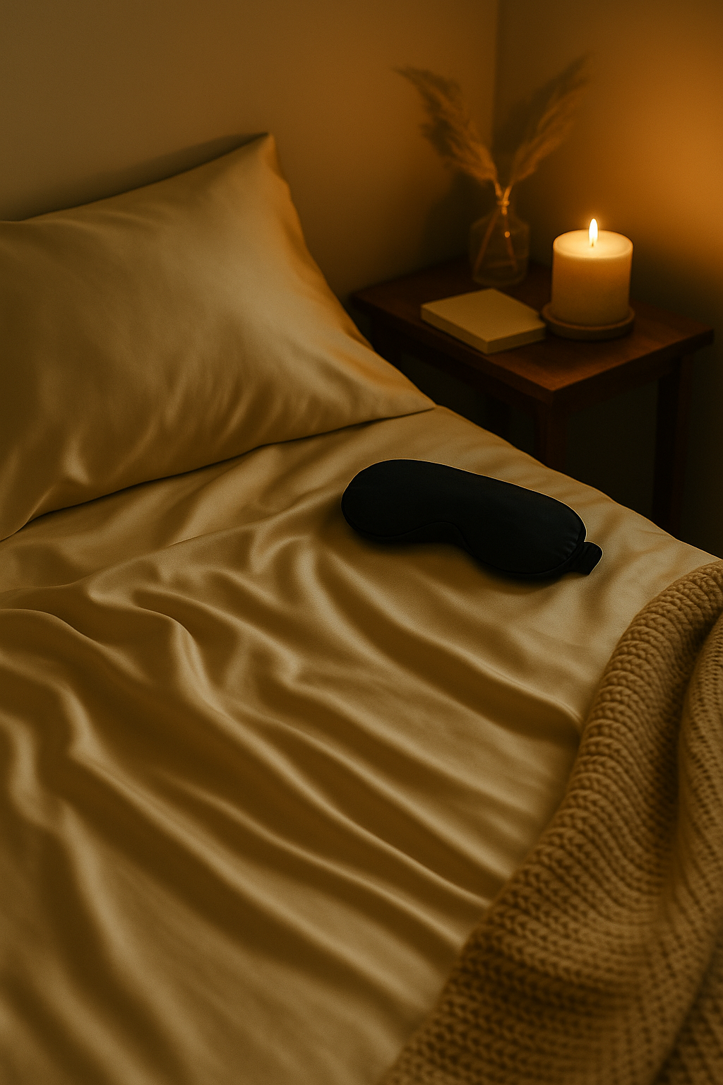 Verstild avondmoment met een midnight blue zijden slaapmasker op een opgemaakt bed – omringd door kaarslicht en zachte materialen, het begin van een rustgevend ritueel met Empowherment