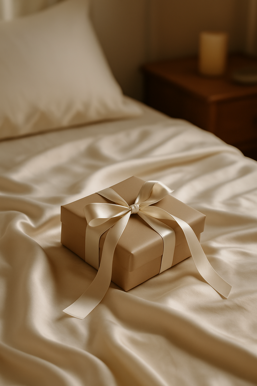 Elegante cadeaudoos met strik op ivoorkleurige zijden lakens – een luxueus en betekenisvol geschenk van Empowherment