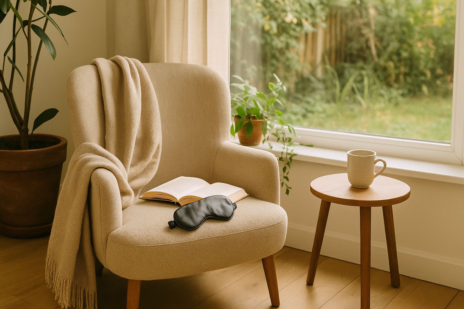 Empowherment in beeld: een stille uitnodiging tot pauze – een slaapmasker, een boek en een stoel vol zachtheid