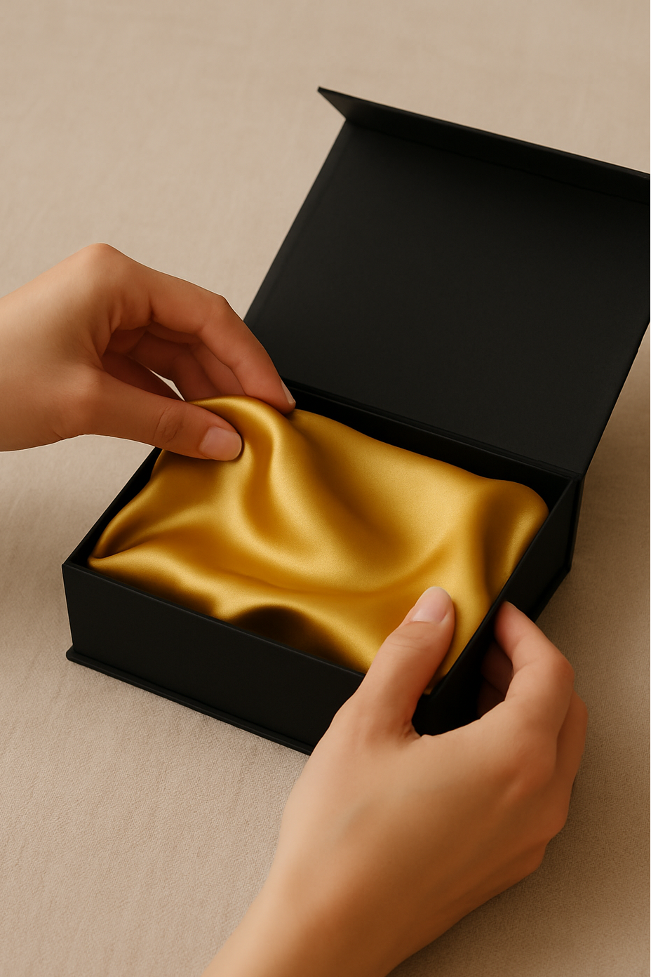 Een moment voor jezelf begint al bij het openen – gouden zijde in een zwarte giftbox van Empowherment