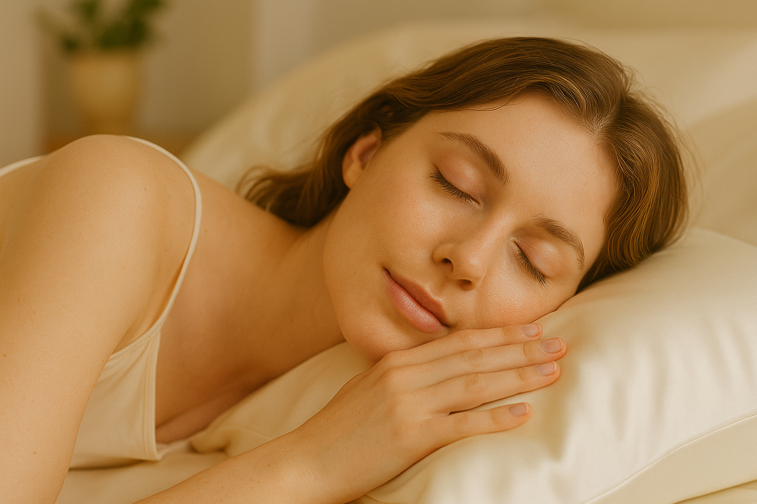 Vrouw in diepe rust op ivoorkleurige zijden kussensloop – huidvriendelijk slaapritueel met Empowherment in Nederland
