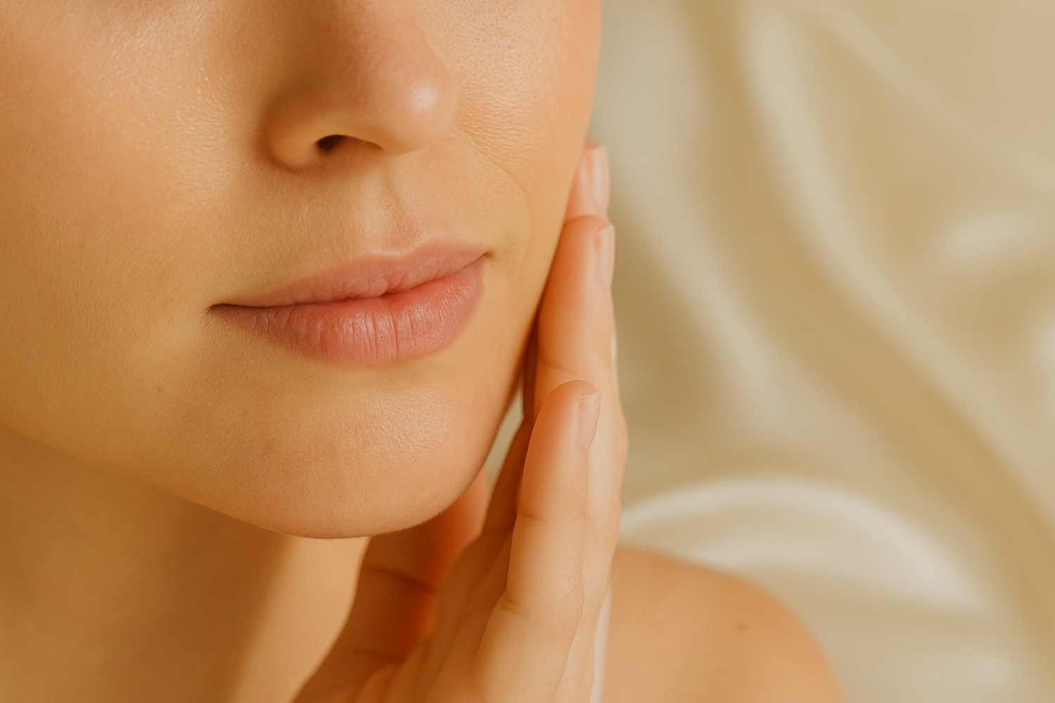 Close-up van een vrouw die haar gezicht zacht aanraakt op een ivoorkleurige zijden ondergrond – natuurlijke huidverzorging met Empowherment
