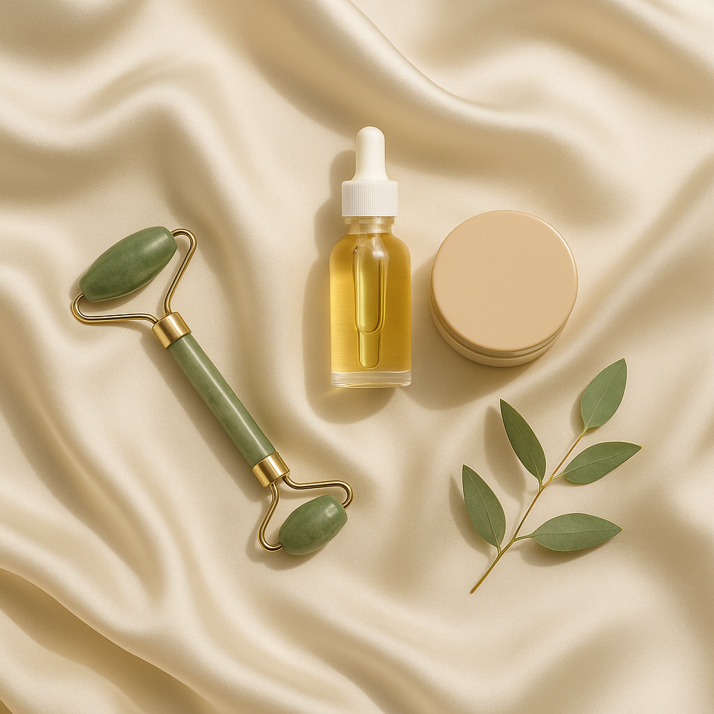 Sfeervolle flatlay van verzorgingsritueel met olie en jaderoller op zijde – moment van rust en herstel met Empowherment