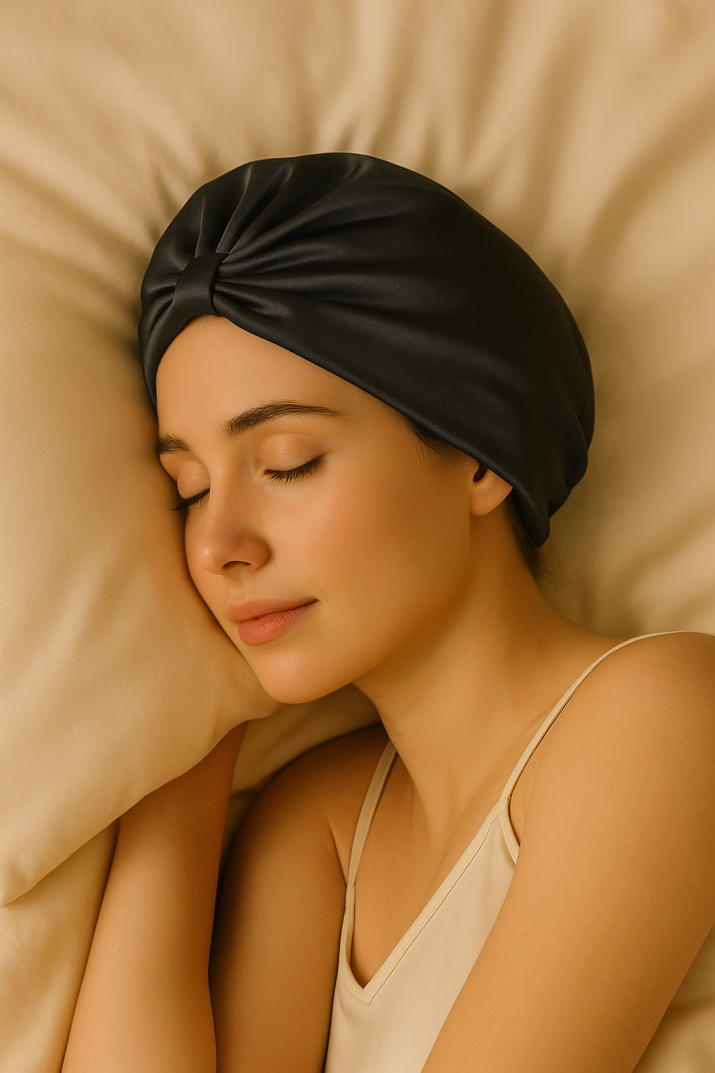 Vrouw slaapt ontspannen met een donkergrijze zijden bonnet op een ivoorkleurige kussensloop – haarvriendelijk rustmoment met Empowherment
