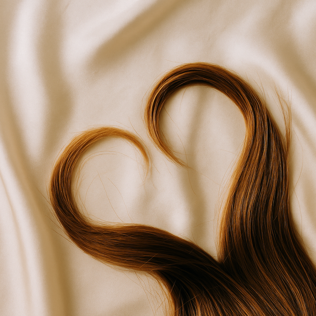 Bruin haar in hartvorm op ivoorkleurige zijden kussensloop – haarvriendelijke slaaproutine met bonnet van Empowherment