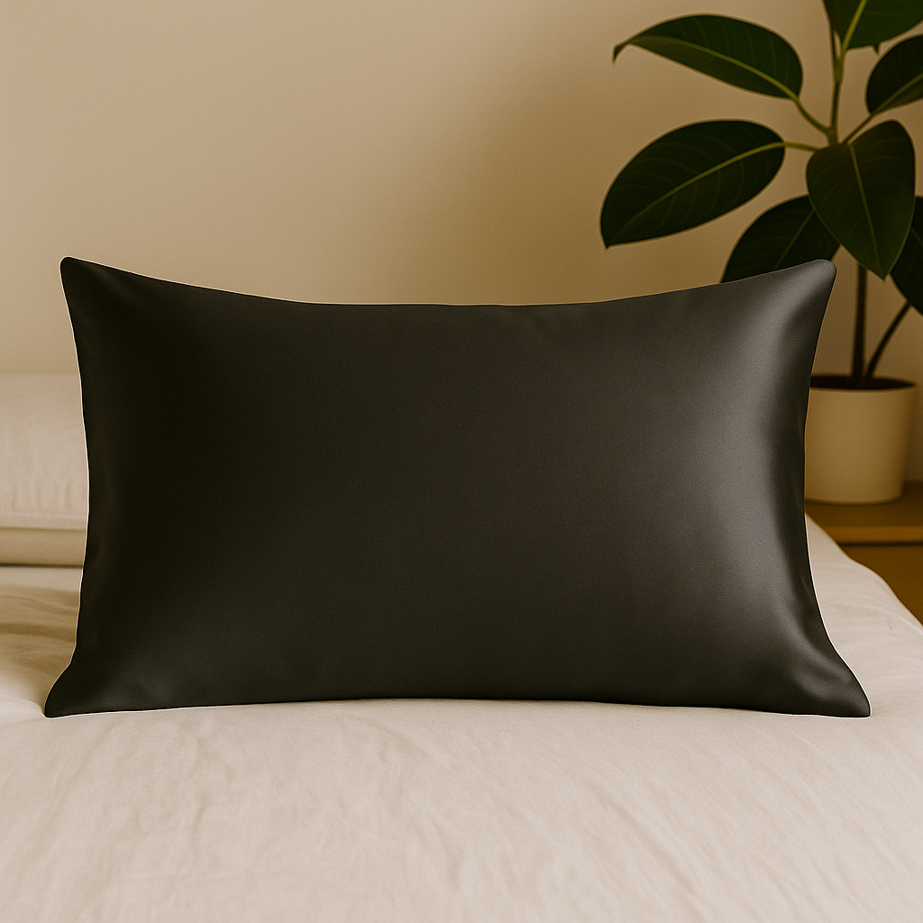 Donkergrijze zijden kussensloop op een opgemaakt bed – sfeervol en haar- en huidvriendelijk slaaptextiel van Empowherment in Nederland
