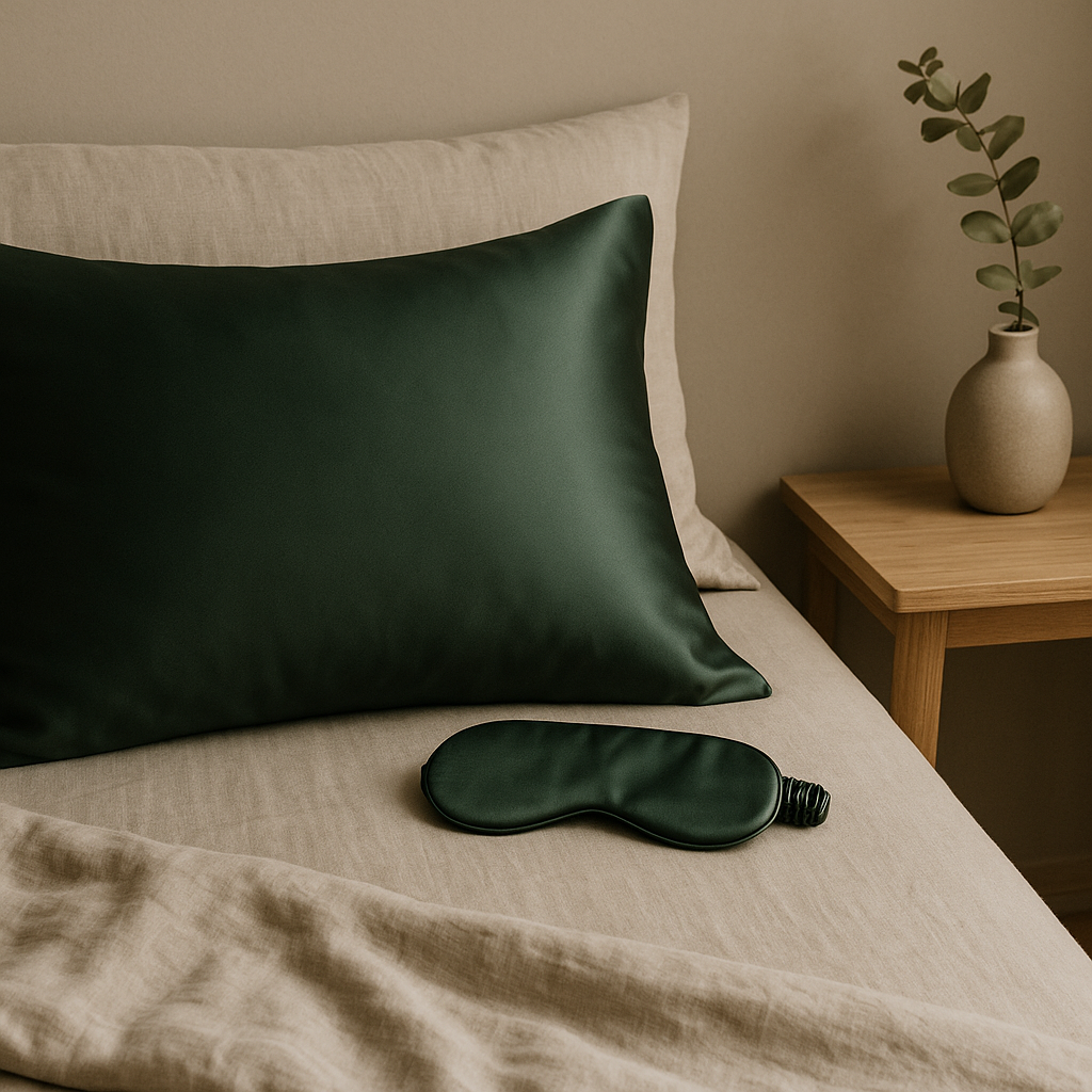 Donkergroene zijden kussensloop en slaapmasker op een opgemaakt bed met beige linnen – rustgevende en luxe zelfzorgsetting van Empowherment