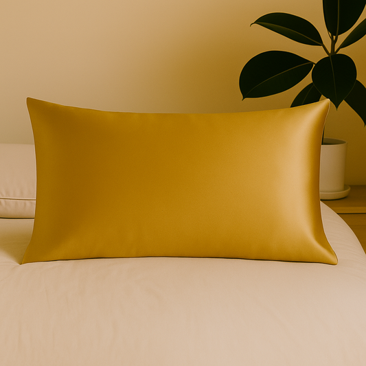 Gouden zijden kussensloop op een opgemaakt bed – sfeervol en haarvriendelijk slaaptextiel van Empowherment in Nederland
