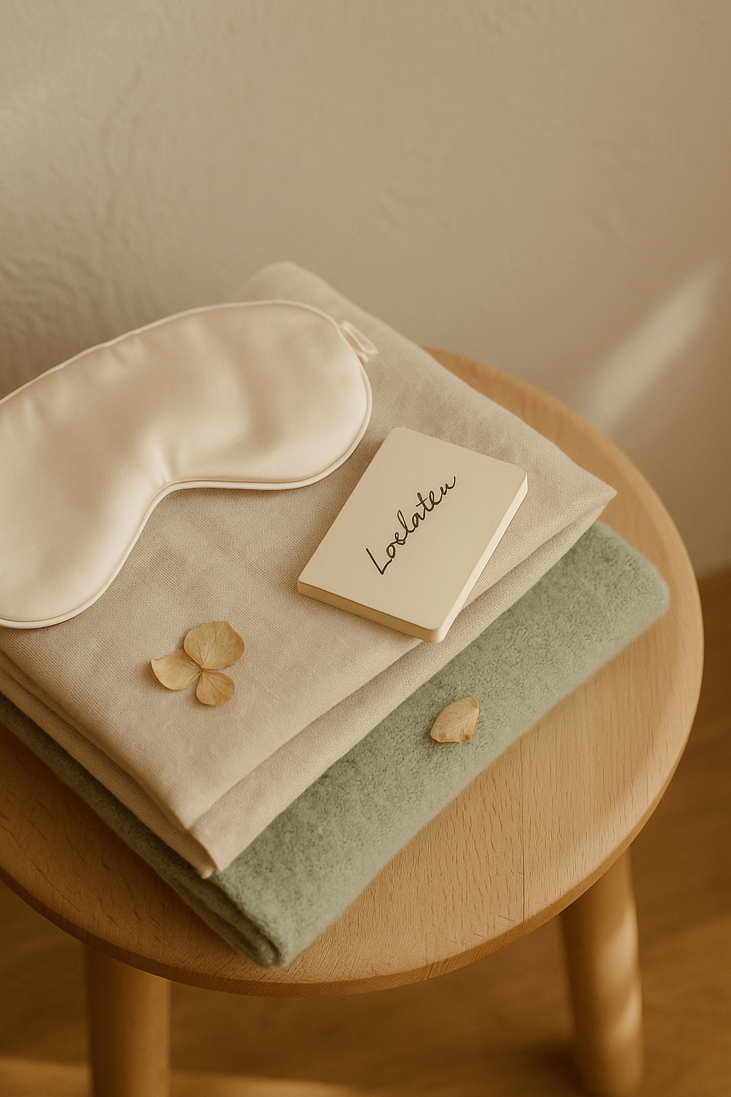 Laat de dag los: zacht slaapmasker en warme stoffen op houten kruk – een klein dagelijks ritueel van herstel met Empowherment